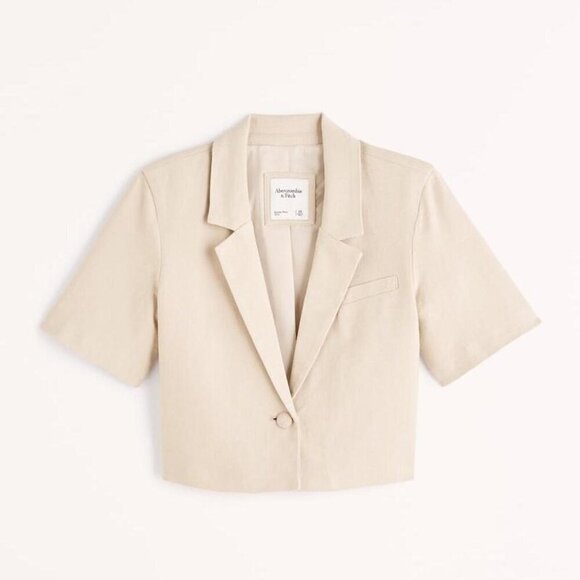 Abercrombie & Fitch Women's Cropped Short Sleeve Linen Blend Neutral Blazer- Med - Picture 4 of 13